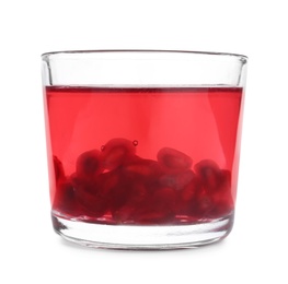 Photo of Tasty jelly dessert with pomegranate seeds in glass on white background