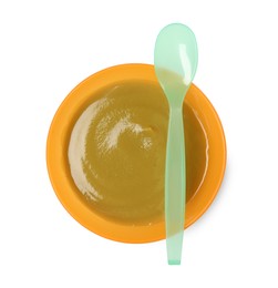 Photo of Delicious baby food in bowl and spoon isolated on white, top view