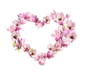 Image of Beautiful heart shaped composition made with tender magnolia flowers on white background