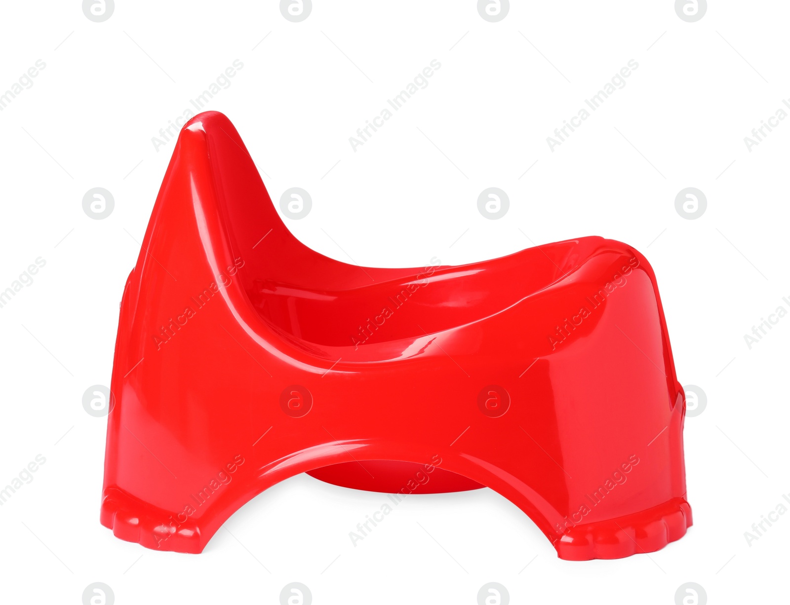 Photo of Red baby potty on white background. Toilet training