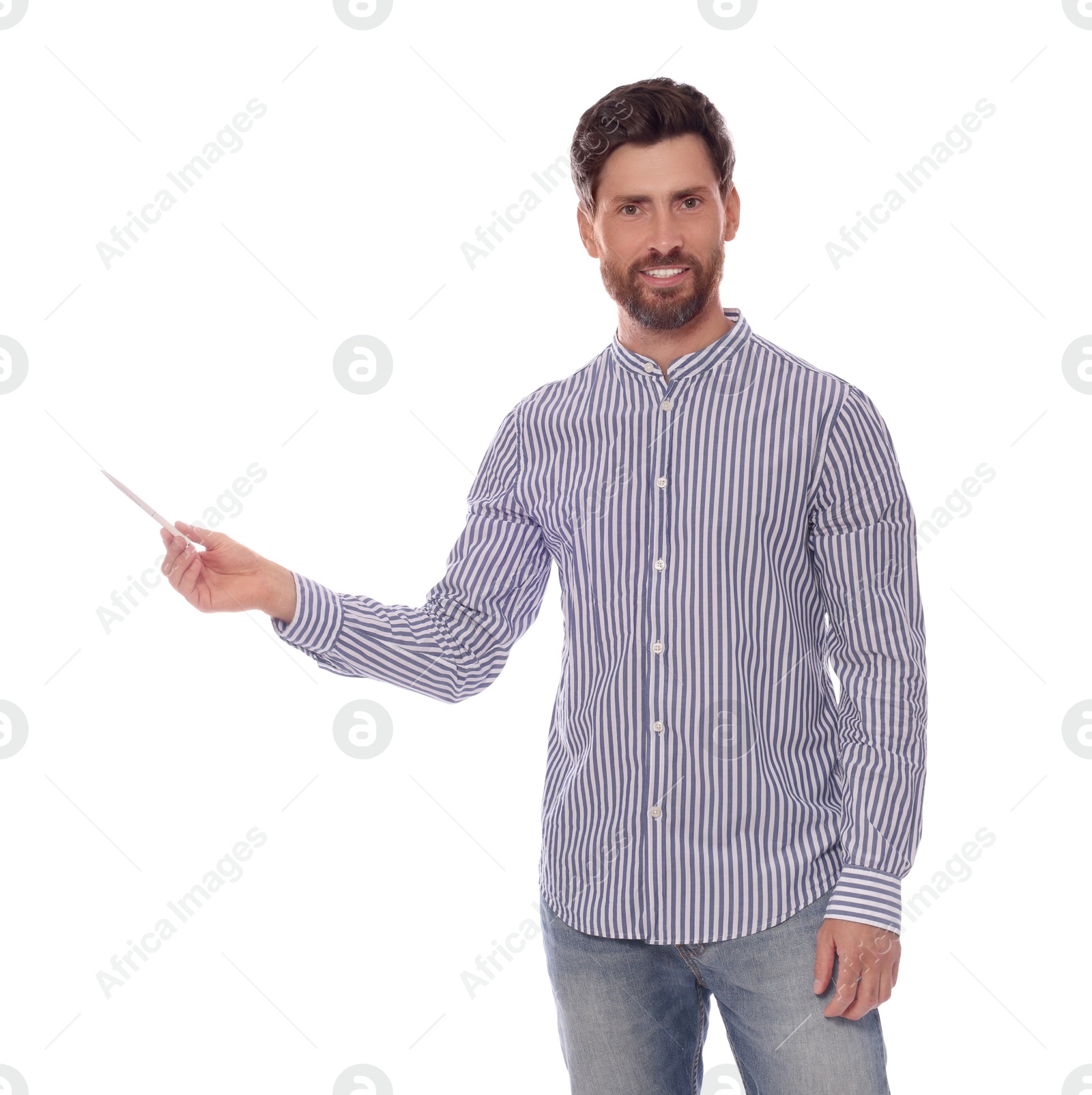 Photo of Handsome man gesturing on white background. Weather forecast reporter