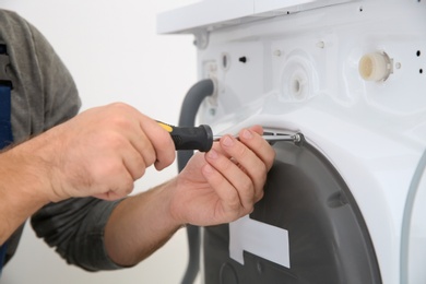 Young plumber fixing washing machine in bathroom, closeup