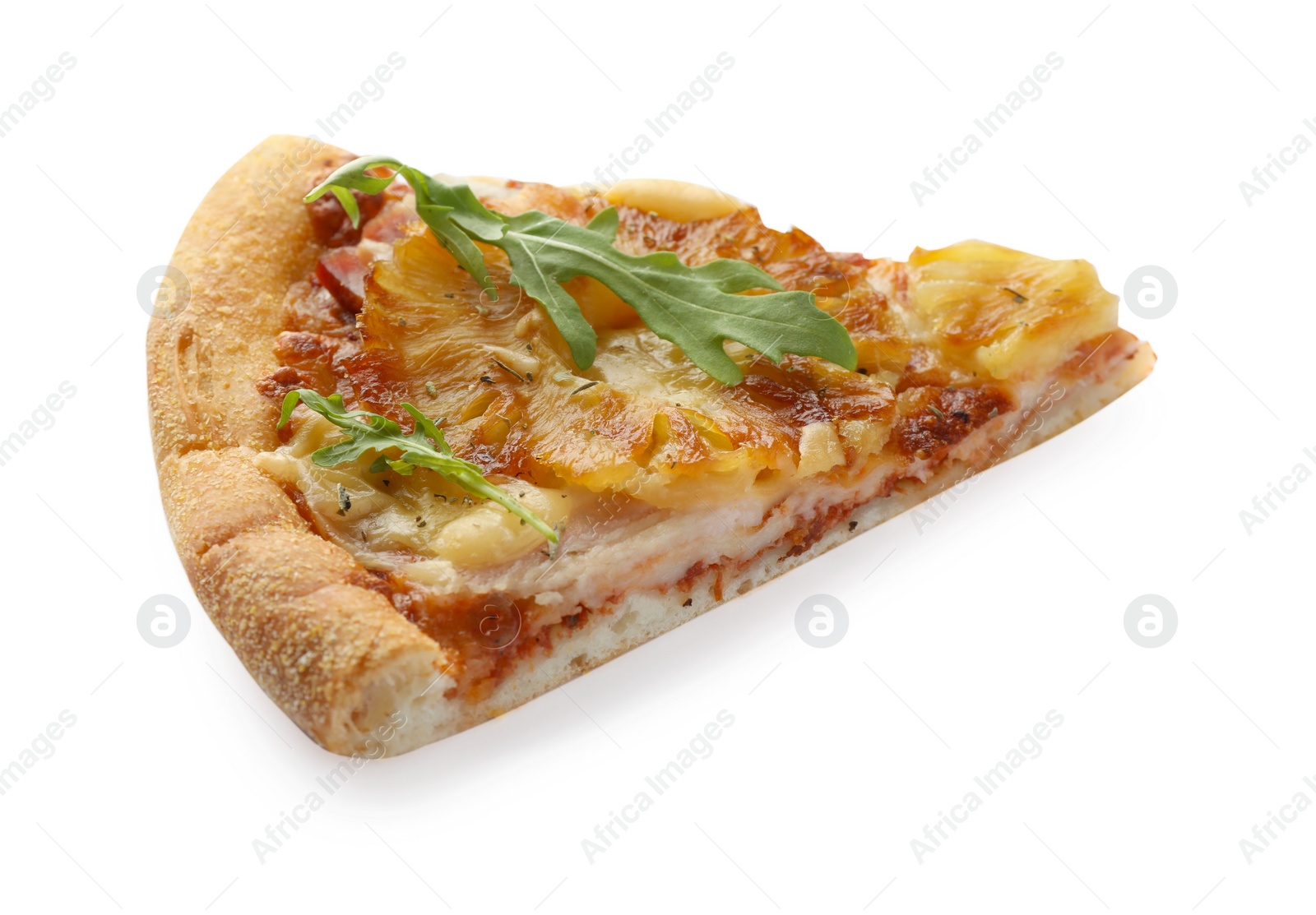 Photo of Piece of delicious pineapple pizza isolated on white