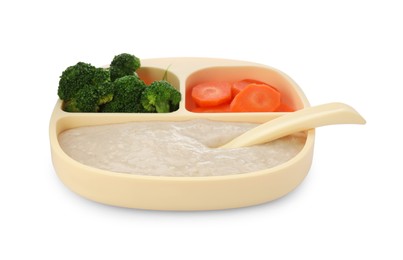 Photo of Healthy baby food in plate on white background