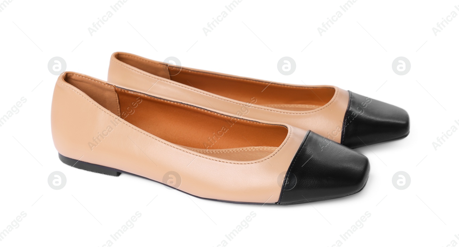 Photo of Pair of new stylish square toe ballet flats on white background