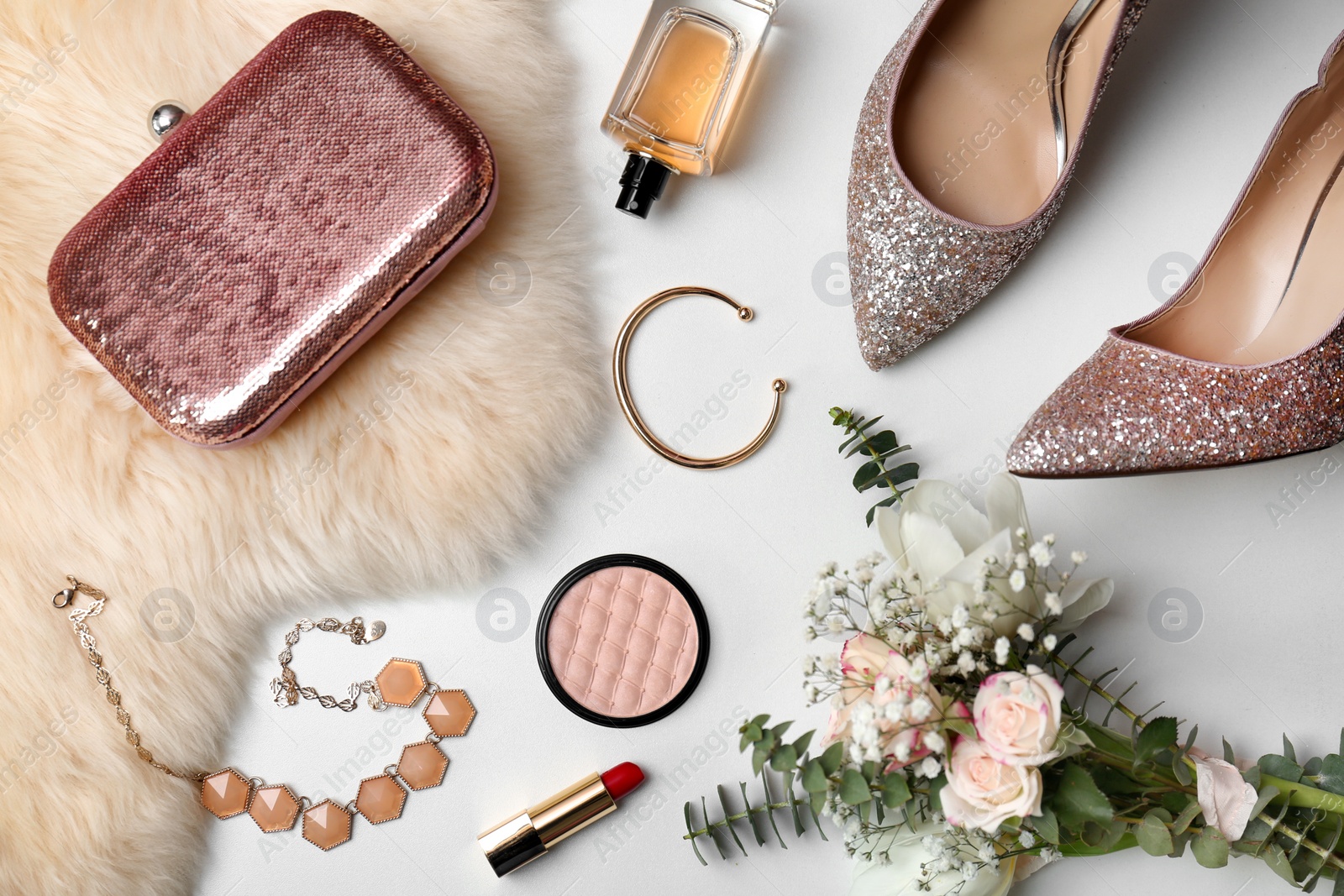 Photo of Flat lay composition with cosmetics and stylish accessories on light background. Blogger concept