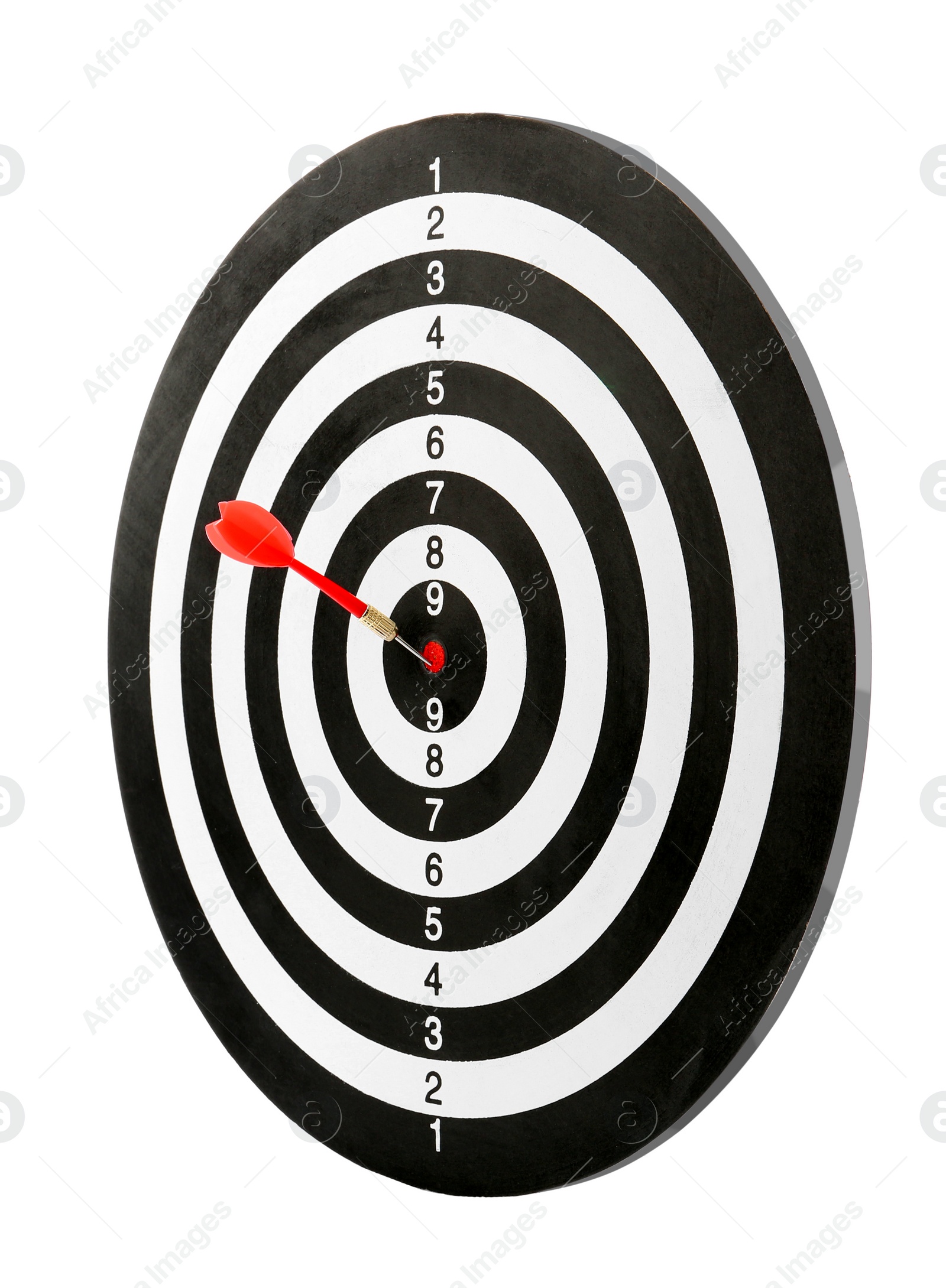 Photo of Red arrow hitting target on dart board against white background