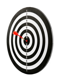 Red arrow hitting target on dart board against white background