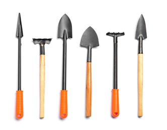 Photo of Set of gardening tools on white background, top view
