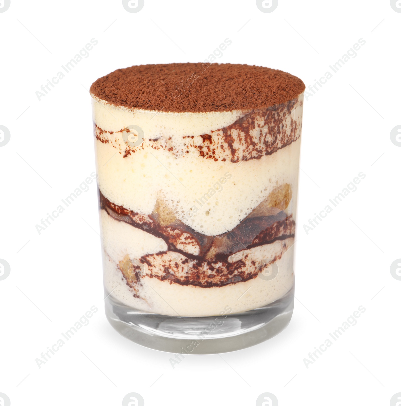 Photo of Delicious tiramisu in glass isolated on white