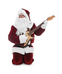Photo of Santa Claus playing electric guitar on white background. Christmas music