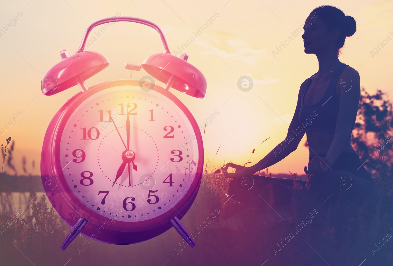 Image of Time to do morning exercises. Double exposure of woman practicing yoga outdoors and alarm clock, color toned