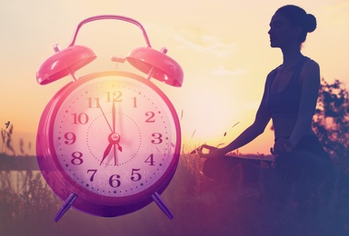 Time to do morning exercises. Double exposure of woman practicing yoga outdoors and alarm clock, color toned