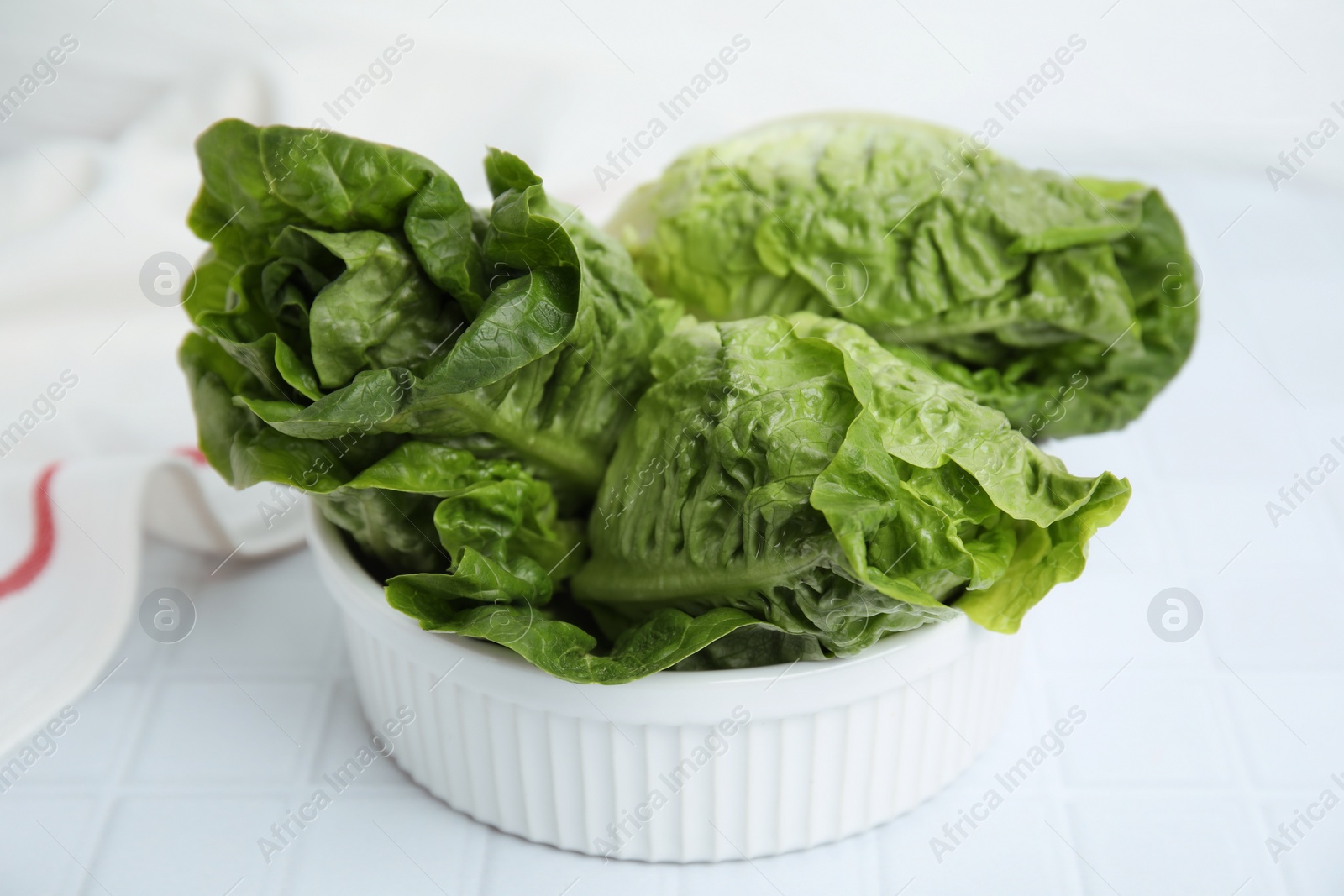 Photo of Bowl with fresh green romaine lettuces on white tiled table, closeup