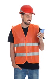 Male industrial engineer in uniform with phone on white background