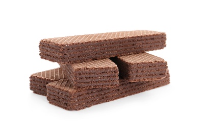 Photo of Delicious crispy wafers on white background. Sweet food