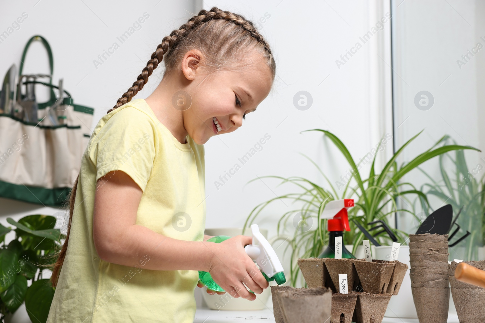 Photo of Little girl spraying water onto vegetable seeds in peat pots on window sill indoors