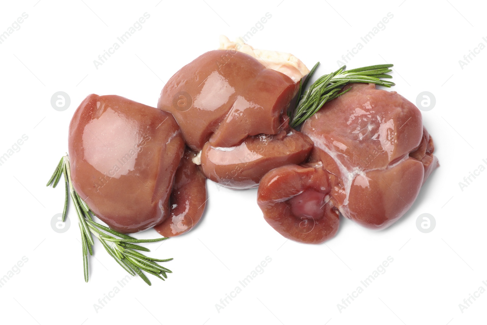Photo of Fresh raw beef kidneys with rosemary on white background, top view