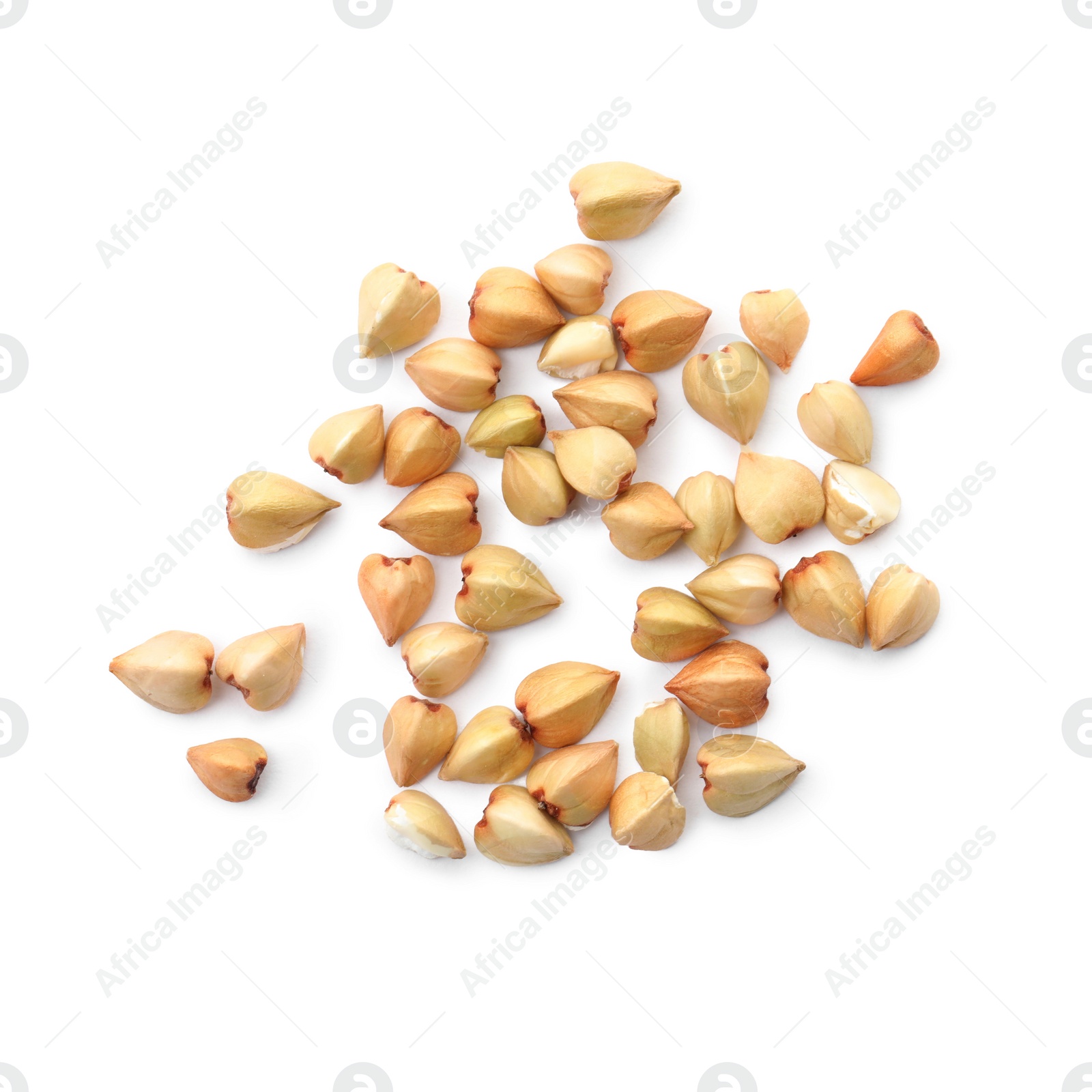 Photo of Organic green buckwheat isolated on white, top view