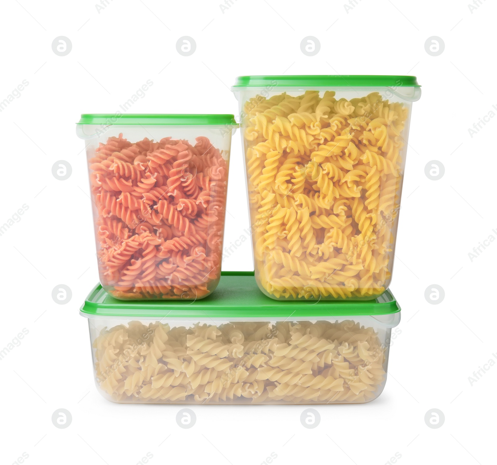 Photo of Plastic containers filled with pasta isolated on white