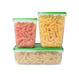 Photo of Plastic containers filled with pasta isolated on white