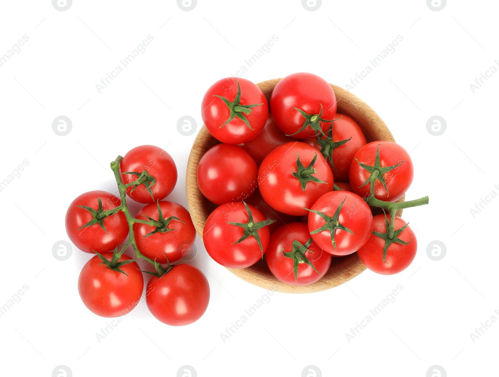 Photo of Bowl with fresh ripe cherry tomatoes isolated on white, top view