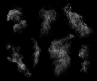 Image of White steam columns rising on black background, collage 
