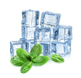 Image of Ice cubes and green mint leaves on white background