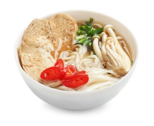 Photo of Delicious ramen with meat and mushrooms in bowl isolated on white. Noodle soup