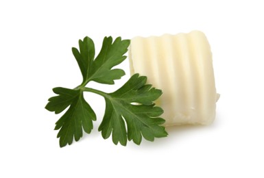 Tasty butter curl and fresh parsley isolated on white