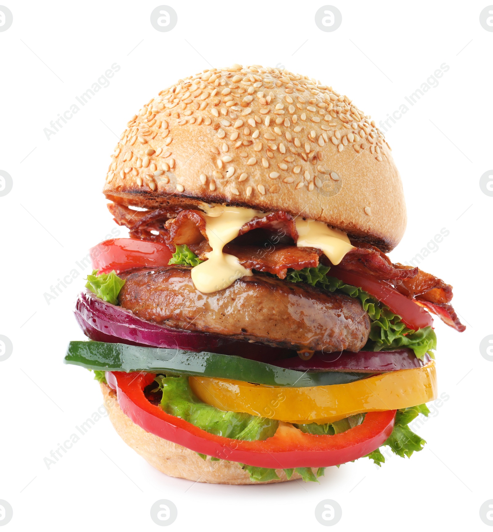 Image of Tasty burger with bacon on white background