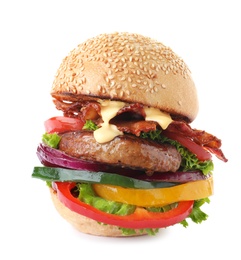 Tasty burger with bacon on white background