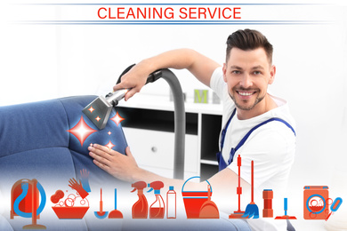 Cleaning service related icons and worker removing dirt from armchair