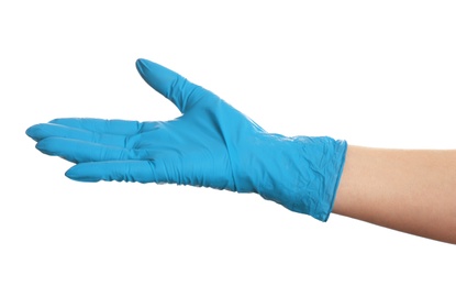 Woman in blue latex gloves on white background, closeup of hand