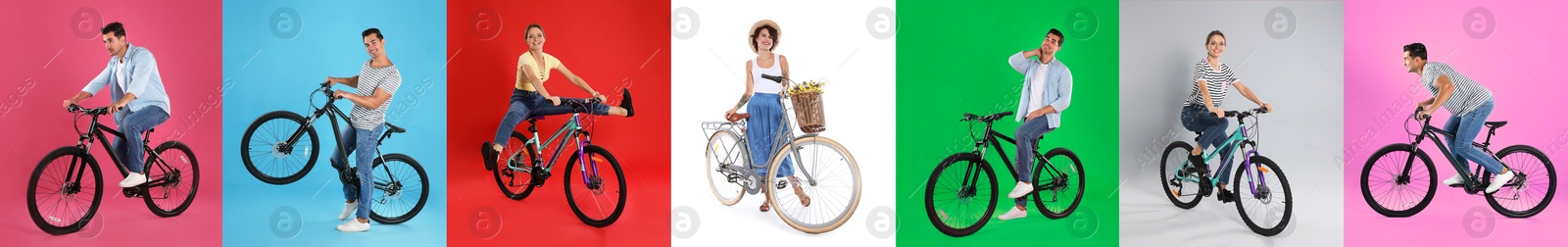 Image of Collage with photos of people with bicycles on different color backgrounds