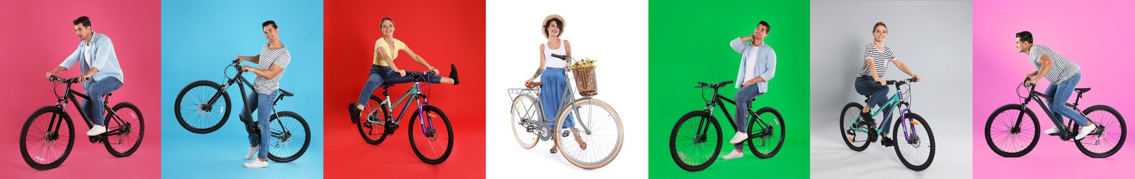 Image of Collage with photos of people with bicycles on different color backgrounds