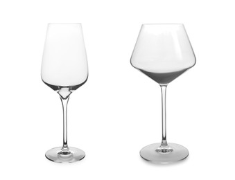 Image of Two different empty wine glasses on white background