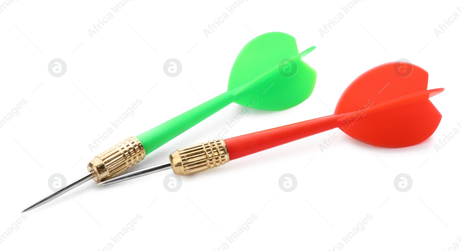 Photo of Sharp red and green darts isolated on white