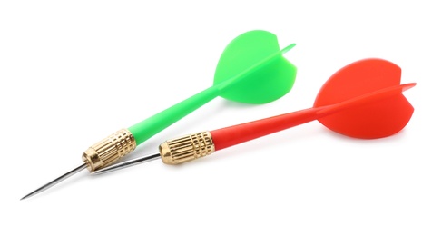 Photo of Sharp red and green darts isolated on white