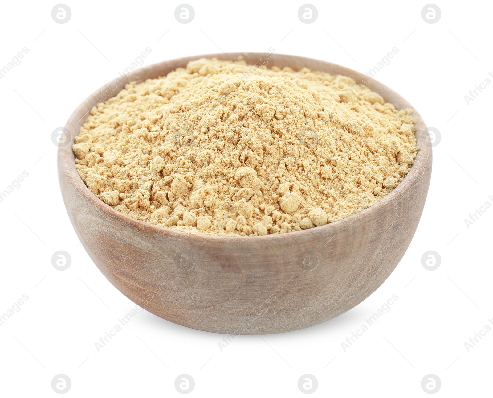 Photo of Aromatic mustard powder in wooden bowl on white background