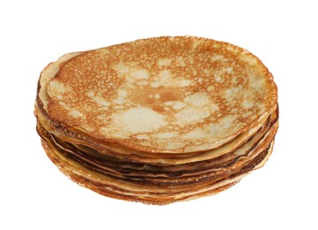 Photo of Stack of delicious crepes on white background