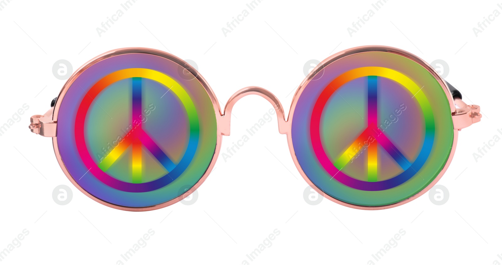 Image of Stylish hippie glasses with peace sign on lenses on white background