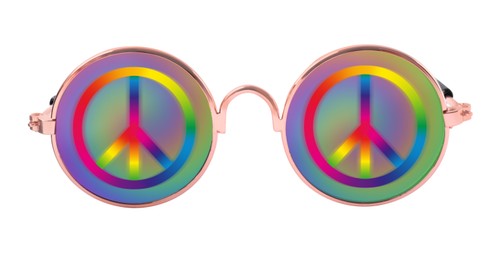 Image of Stylish hippie glasses with peace sign on lenses on white background