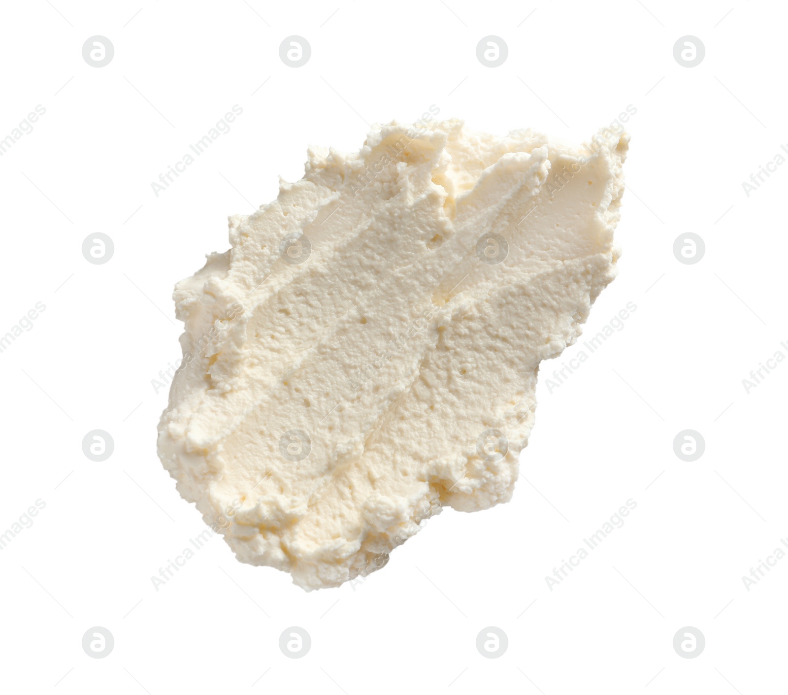 Photo of Smear of tasty cream cheese on white background, top view