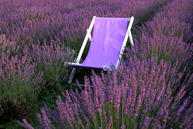 Photo of Deck chair among beautiful blooming lavender in field