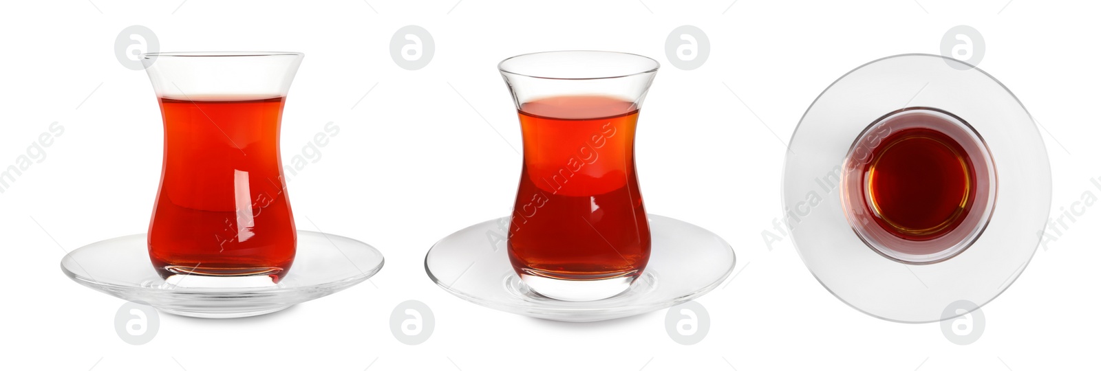 Image of Set with glasses of traditional Turkish tea on white background. Banner design