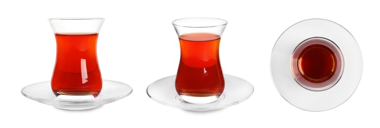 Image of Set with glasses of traditional Turkish tea on white background. Banner design