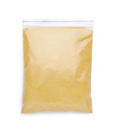 Photo of Brewer's yeast powder in plastic bag isolated on white, top view