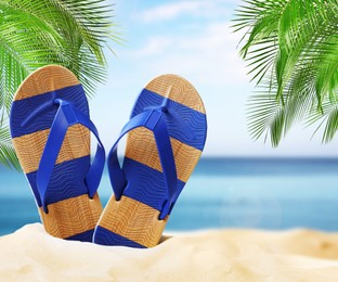 Image of Striped flip flops on sandy beach near sea