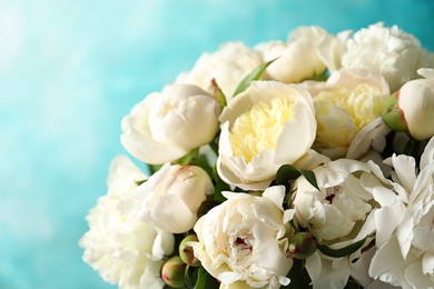 Photo of Fragrant peonies on color background, closeup with space for text. Beautiful spring flowers